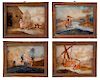 A Set of Four English Reverse Paintings on Glass Height 7 1/4 x width 10 inches.