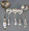 Five N. Harding Boston coin silver ladles. 
length 7 1/4 in. to 11 1/2 in., 
14.7 total troy ounces