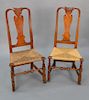 Pair of Queen Anne rush seat chairs with Spanish feet. 
seat height 16 1/2 in., total height 41 in., 
seat height 17 in., total heig...