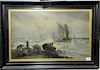 Crew Pulling Up, oil on canvas, row boat in rough seas with sailboats, unsigned, having old paper label on verso,16 1/2" x 27"