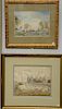 Three pictorial silk needlework landscapes to include a pair with painted sky and background, one having remnant of a castle and the...