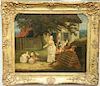 English School, oil on canvas, Country Landscape Family, outside playing with chickens, relined, 19th century, 20" x 24"