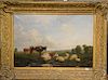 Country farm landscape with cows and sheep oil on canvas  plaque: Broomhead  in period frame 19th century  28" x 42"