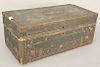 Camphorwood lift top box having paint decorated leather covering with brass bindings and tacks, 19th century. 
height 10 1/2 in., to...