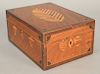 Wood travel box with shield shaped inlays, interior with mirror and compartments. 
height 4 1/4 in., top: 6 3/4" x 9"