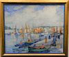 French Harbor, oil on canvas, signed illegibly, 24" x 30"