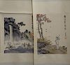 Two Oriental scroll watercolors on paper including a mountainous landscape and a fall landscape with boy raking leaves. 
images size...