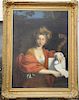 Large oil on canvas portrait painting of a girl with red robe holding a rolled music sheet, in large gold frame, 18th/19th century. ...