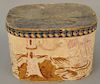 Large oval wallpaper covered box with sailing ships and lighthouse, marked: Sandy Hook. 
height 9 3/4 in., top: 10 7/8" x 14 3/8"