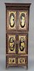 Chinese lacquered six door cabinet in three parts, all having gilt decorated panels with painted birds and antiques. 
height 80 1/4 ...