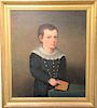 Oil on canvas, 
Young Boy Holding a book, 
half length, 
unsigned, 
relined, 
19th century, 
26" x 30"