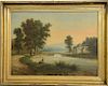 Oil on canvas, 
European landscape, 
river with a bridge leading to a castle, 
signed lower right illegibly, 
19th century,  
in fed...