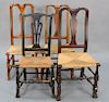 Four Queen Anne rush seat chairs, each with Spanish feet.  seat height 18 1/2 in., total height 41 1/2 in.,  seat height 17 1/2...