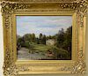 Oil on canvas, 
English country landscape, 
river and farm in front of castle, 
signed lower right illegibly, 
19th century, 
14" x 18"