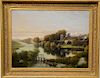 English oil on canvas, Evening Country Landscape Thames River, near Marlow England, unsigned, relined with new stretcher, inscriptio...