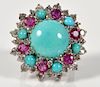 Persian Turquoise, Ruby, Diamond & 18kt WG Ring