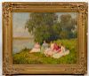 Signed 'Girls By the Water' Belgian, Oil Painting