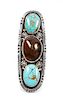 Edison Begay (Dine, b. 1954) Silver, Turquoise and Fire Agate Ring Length 3 1/8 inches