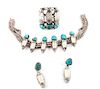 Louise Platero (Dine, 20th Century) Group of Silver, Turquoise and Mother of Pearl Jewelry Length of necklace 14 inches