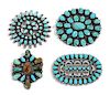 Four Southwestern Silver and Turquoise Brooches Diameter of largest 2 7/8 inches