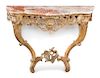 A Rococo Style Giltwood Console Table Height 33 1/2 x width 44 x depth 21 inches.
