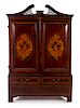 An Edwardian Mahogany and Marquetry Linen Press Height 79 x width 54 x depth 25 1/2 inches.