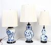 A Group of Three Blue and White Porcelain Vases Height of tallest vase 12 inches.