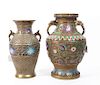 Two Chinese Gilt Metal and Enamel Vases Height of taller 13 1/4 inches.