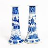A Pair of Chinese Export Canton Blue and White Porcelain Candle Sticks Height 9 1/4 inches.