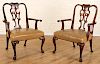 PAIR EARLY 20TH C. WALNUT OPEN ARM CHAIRS LEATHER