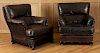 PAIR LEATHER UPHOLSTERED ARM CHAIRS CANED BACK