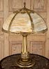 EARLY 20TH C. GILT METAL LAMP SLAG GLASS SHADE