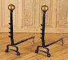 PAIR LATE 19TH C. BRASS WROUGHT IRON ANDIRONS