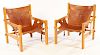 PAIR CAMPAIGN STYLE ARM CHAIRS LEATHER BACKS