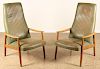 PAIR MCM DANISH ARM CHAIRS LEATHER AND OAK FRAME