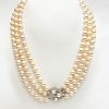 Triple Strand Platinum, Cultured Pearl and Diamond Necklace