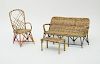 THREE PIECES OF MINIATURE WICKER AND PAINTED METAL GARDEN FURNITURE