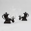 Pair of Regency Bronze Cornucopia Form Oil Lamps with Cut Glass Thistle Form Shades