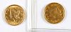 Two US one dollar Liberty head gold coins.