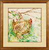 JANET FISH "ROOSTERS" WATERCOLOR ON SILK SIGNED
