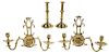 Two Pairs Brass Candlesticks And Sconces