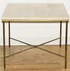 A Mid Century Brass and Travertine Marble Occasional Table, Height 22 x width 26 x depth 26 inches.