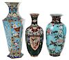 Three Japanese Songbird Cloisonné Vases