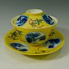 SET TEABOWL WITH LANDSCAPE ON YELLOW GROUND. QIANLONG MARK