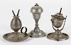 Three pewter whale oil lamps, etc.
