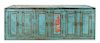 A Turquoise Painted Studio Cabinet Height 35 x width 103 x depth 27 1/2 inches.