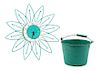 A Lux Turquoise Electric Wall Clock and a Turquoise Painted Pail Diameter of clock 19 inches.