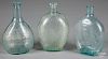 Three Historical aqua glass flasks, tallest - 9".