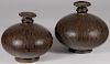 2 INDO-PERSIAN CHASED COPPER EROTIC THEMED VASES