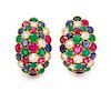 A Pair of Yellow Gold, Diamond, Ruby, Sapphire and Emerald Earclips, Van Cleef & Arpels, New York, 8.75 dwts.